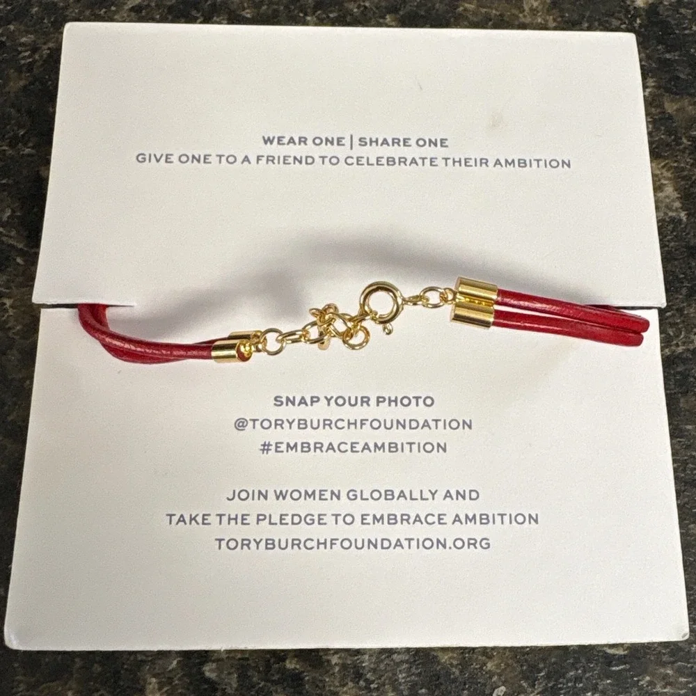 Tory Burch Embrace Ambition Red Silk Cord Pearl Bracelet Gold Logo Medallion